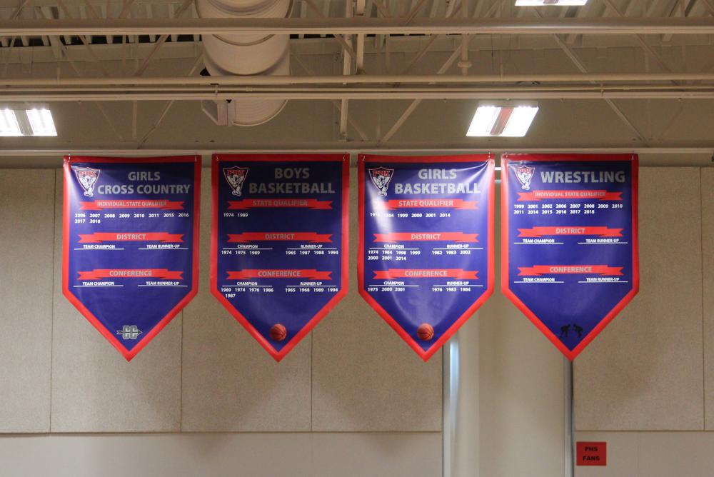 Palmyra Gym Banners - Girls Cross Country, Boys Basketball, Girls Basketball and Wrestling