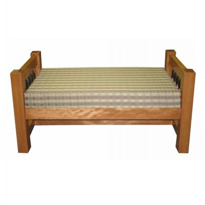 wood bench with side arms and upholstered top