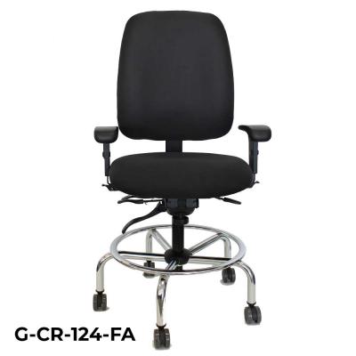 Front view of a pilot stool chair with arms and black fabric