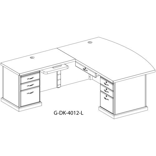 schematic of conference curved top desk with two pedestals, keyboard trey and pencil darwer